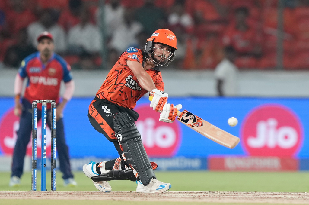 Sunrisers Hyderabad's Ishan Kishan plays a shot during the Indian Premier League cricket match between Sunrisers Hyderabad and Punjab Kings in Hyderabad, India, Wednesday, May 6, 2026. (AP Photo/Mahesh Kumar A.)