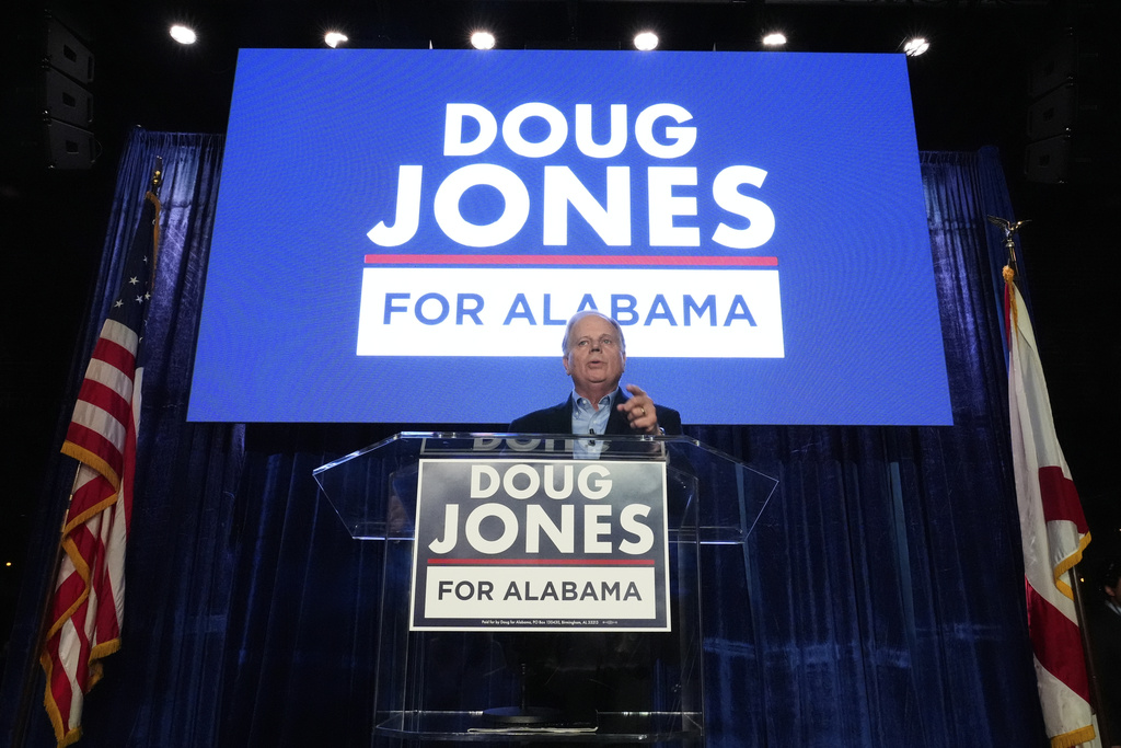 Gubernatorial candidate former Sen. Doug Jones, D-Ala., speaks during an event Friday, Dec. 12, 2025, in Birmingham, Ala. (AP Photo/Brynn Anderson)