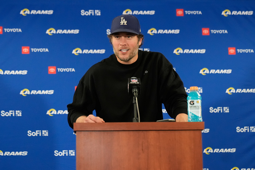 quarterback Matthew Stafford talks to reporters following his team's overtime win over the Chicago Bears during an NFL football divisional playoff game Sunday, Jan. 18, 2026, in Chicago. (AP Photo/Erin Hooley)