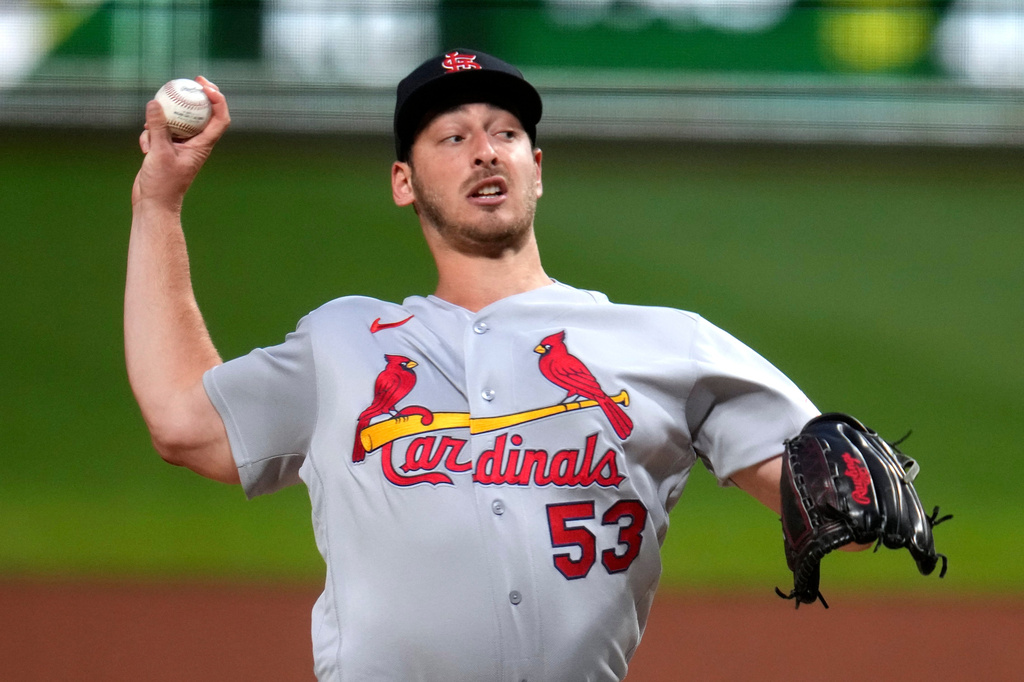 St. Louis Cardinals pitcher Andre Pallante delivers during the first inning of a baseball game against the Pittsburgh Pirates in Pittsburgh, Tuesday, Sept. 22, 2026. (AP Photo/Gene J. Puskar)
