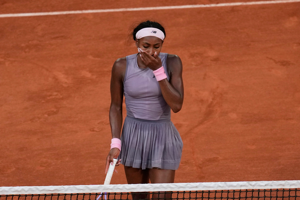 Coco Gauff of the U.S. reacts after the third round women's singles tennis match against Anastasia Potapova of Austria at the French Open tennis tournament in Paris, Saturday, May 30, 2026. (AP Photo/Christophe Ena)
