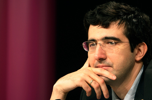 FILE - Russia's Vladimir Kramnik meets the media during a news conference after the 10th game of the Chess World Championship in the Art and Exhibition Hall of the Federal Republic of Germany in Bonn, western Germany, Oct. 27, 2008. (AP Photo/Hermann J. Knippertz, File) FILE - Russia's Vladimir Kramnik meets the media during a news conference after the 10th game of the Chess World Championship in the Art and Exhibition Hall of the Federal Republic of Germany in Bonn, western Germany, Oct. 27, 2008. (AP Photo/Hermann J. Knippertz, File)