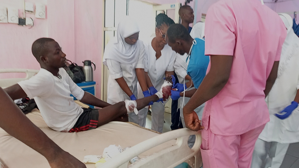 A victim of Monday's bomb blast at a market receives treatment at a hospital in Maiduguri, Nigeria, Tuesday, March 17, 2026. (AP Photo/Jossy Ola)