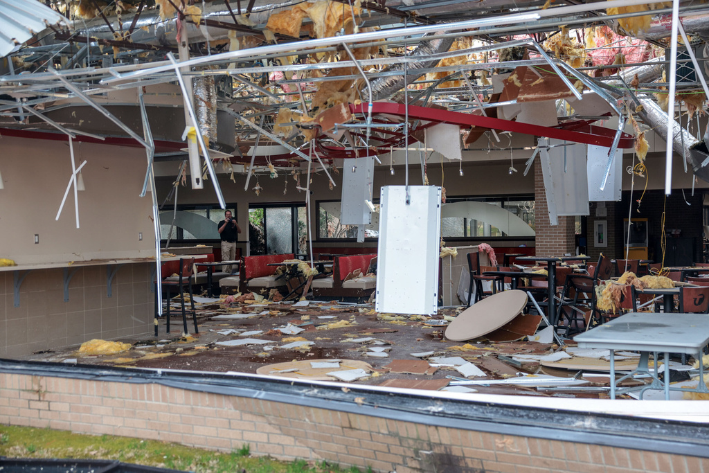 The Tulsa Tech Peoria Campus damaged by a Friday night storm is shown Saturday, March 7, 2026 in Tulsa, Okla. (Mike Simons/Tulsa World via AP)