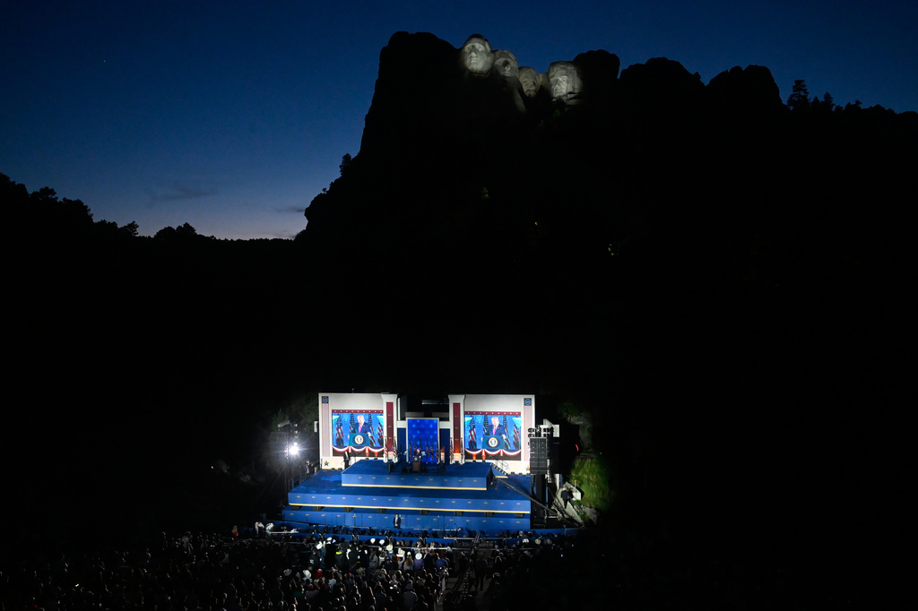 President Donald Trump speaks at Mount Rushmore National Memorial, Friday, July 3, 2026, near Keystone, S.D. (AP Photo/Matt Gade)
