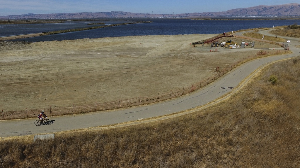 A cyclist travels on a trail along the the Pond A1 site for the South Bay Salt Pond Restoration Project, Thursday, Aug. 7, 2025, in Mountain View, Calif. (AP Photo/Godofredo A. Vásquez)