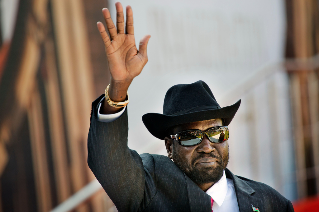 FILE - In this Saturday, May 25, 2019 file photo, South Sudan's President Salva Kiir arrives for the swearing-in ceremony of Cyril Ramaphosa at Loftus Versfeld stadium in Pretoria, South Africa. (AP Photo/Jerome Delay, File)
