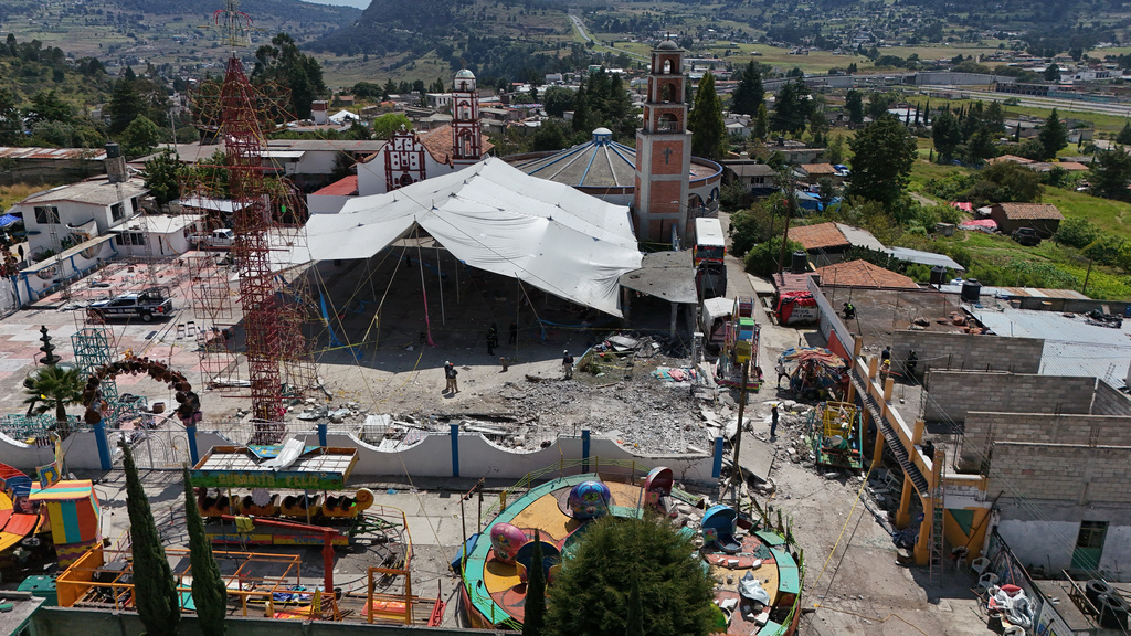 Areal view of the area destroyed by a fireworks explosion by the Santa María Canchesdá church in Temascalcingo, Mexico, Sunday, Sept. 6, 2026. (AP Photo/Ramses Mercado)