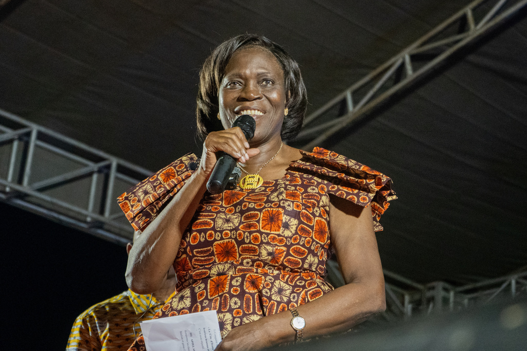 Presidential candidate Simone Ehivet Gbagbo speaks during a rally in Guiberoua, Ivory Coast, Tuesday, Oct 14, 2025. (AP Photo/ Marine Jeannin)
