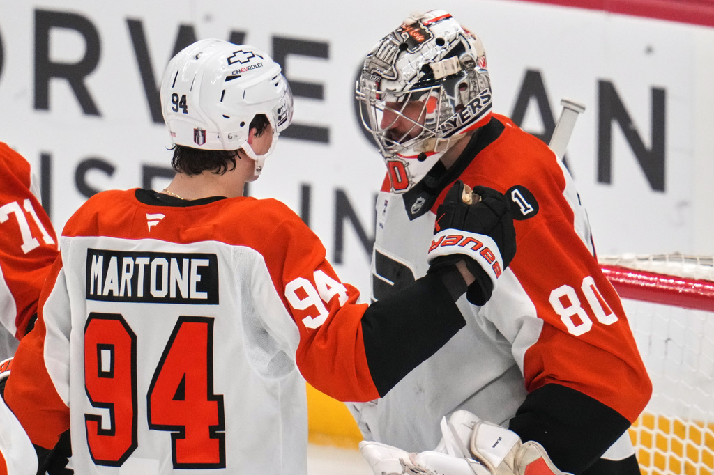 Philadelphia Flyers goaltender Dan Vladar (80) celebrates with Porter Martone (94) after time ran out in Game 2 in the first round of the NHL Stanley Cup playoffs against the Pittsburgh Penguins in Pittsburgh, Monday, April 20, 2026. (AP Photo/Gene J. Puskar)