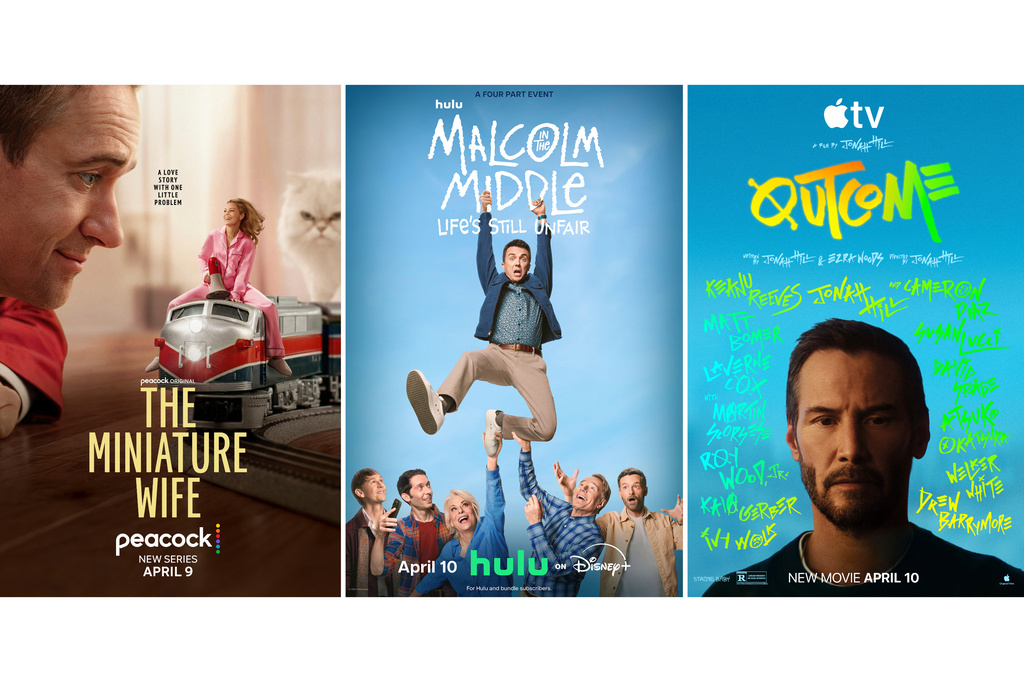 This combination of photos show promotional art for the series "The Miniature Wife," left, the series "Malcolm in the Middle: Life's Still Unfair," center, and the film "Outcome." (Peacock/Hulu/Apple TV via AP)