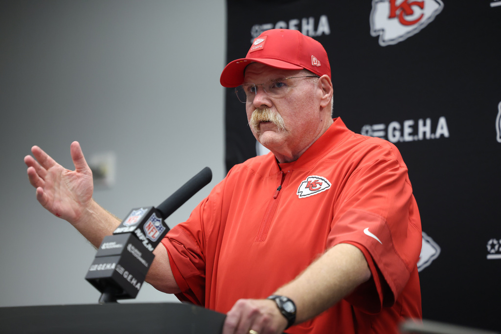 Kansas City Chiefs head coach Andy Reid speaks during a news conference following an NFL football game against the Dallas Cowboys Thursday, Nov. 27, 2025, in Arlington, Texas. (AP Photo/Gareth Patterson)