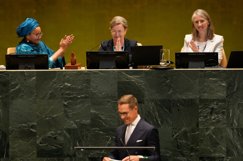 Finland's President Alexander Stubb is applauded while speaking during the 81st session of the United Nations General Assembly at United Nations headquarters, Tuesday, Sept. 22, 2026. (AP Photo/Seth Wenig)