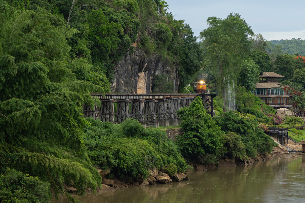 A train approaches Thamkra Sae Station, one of the still active sections of the infamous World War II "Death Railway," in Sai Yok, Thailand, Thursday, May 28, 2026. (AP Photo/Anton L. Delgado)