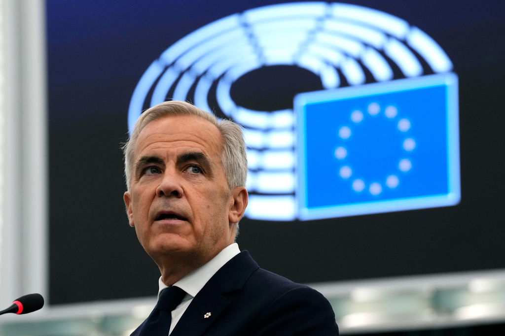 Prime Minister Mark Carney addresses the European Parliament in Strasbourg, France, on Thursday, Sept. 17, 2026. (Justin Tang /The Canadian Press via AP)
