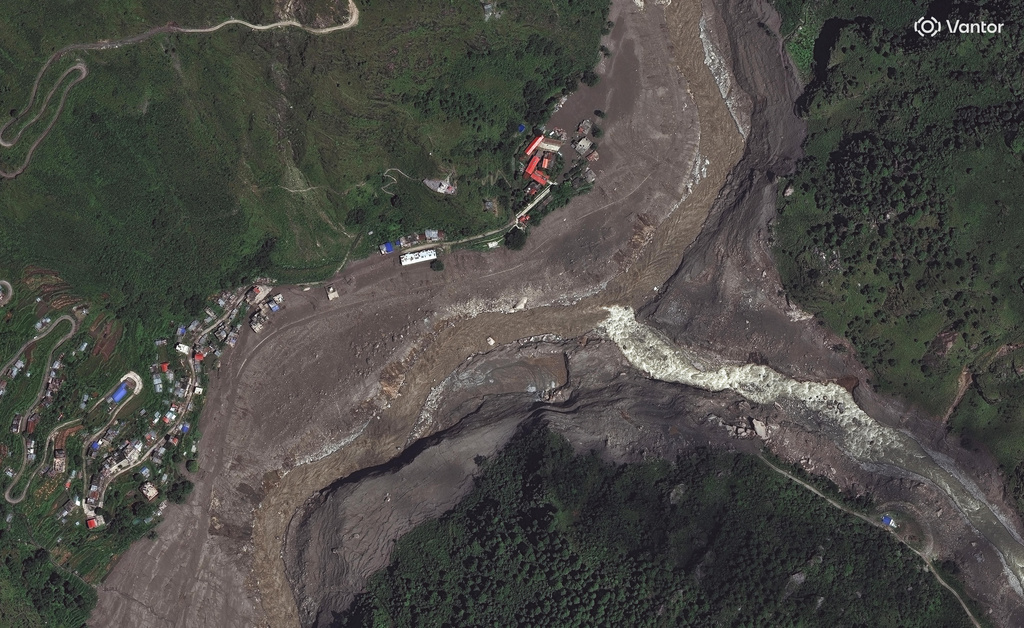 This satellite image provided by Vantor shows destruction at Syapru Besi, Nepal on Thursday, Aug. 27, 2026. (Satellite image ©2026 Vantor via AP)