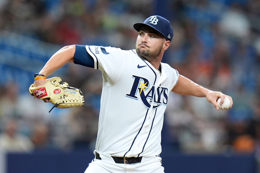 Tampa Bay Rays pitcher Shane McClanahan strikes out Baltimore Orioles' Pete Alonso for his 500th career strike out during the third inning of a baseball game Monday, May 18, 2026, in St. Petersburg, Fla. (AP Photo/Chris O'Meara)