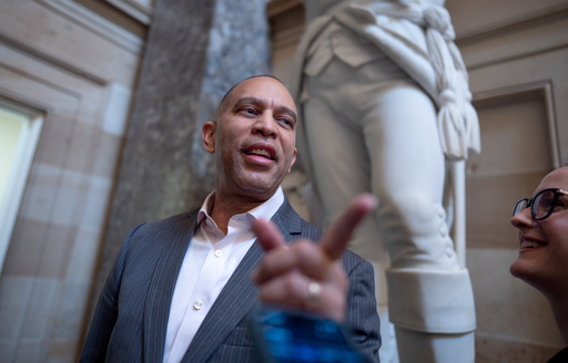 House Minority Leader Hakeem Jeffries, D-N.Y., responds to a reporter in Statuary Hall on day 24 of the government shutdown, at the Capitol in Washington, Friday, Oct. 24, 2025. (AP Photo/J. Scott Applewhite) House Minority Leader Hakeem Jeffries, D-N.Y., responds to a reporter in Statuary Hall on day 24 of the government shutdown, at the Capitol in Washington, Friday, Oct. 24, 2025. (AP Photo/J. Scott Applewhite)