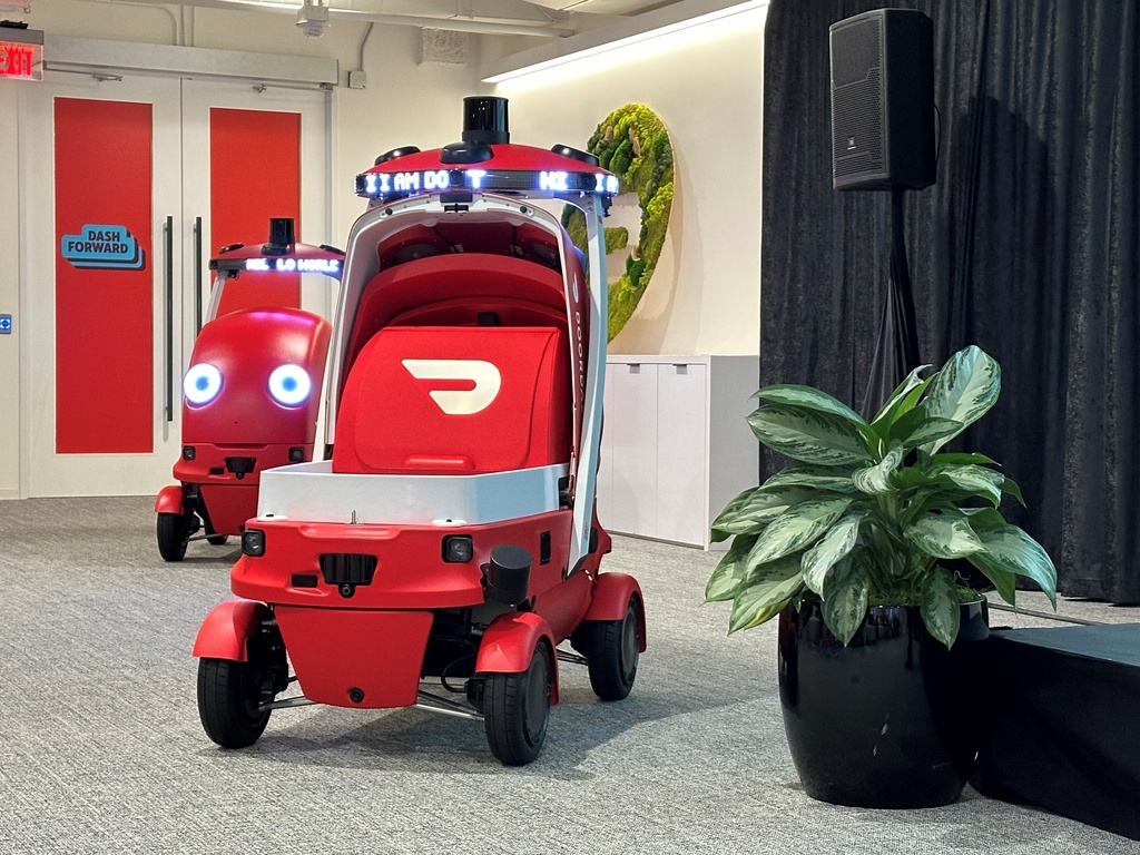 Delivery service DoorDash displays its new delivery robots called Dots on Sept. 29, 2025, at DoorDash headquarters in San Francisco. (AP Photo/Michael Liedtke)