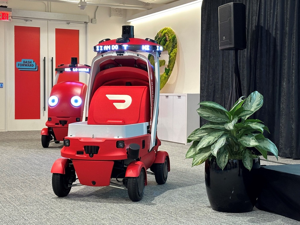 Delivery service DoorDash displays its new delivery robots called Dots on Sept. 29, 2025, at DoorDash headquarters in San Francisco. (AP Photo/Michael Liedtke)