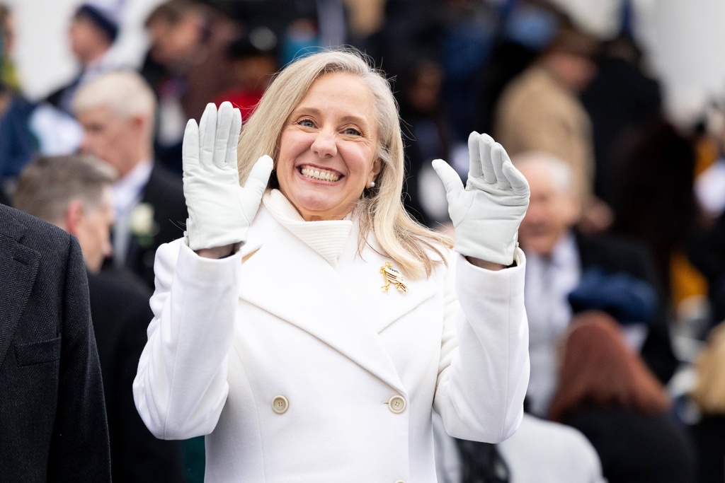 Governor Abigail Spanberger waves to the crowd during Inauguration Day at the Virginia Capitol Building, Saturday, Jan. 17, 2026. (Mike Kropf /Richmond Times-Dispatch via AP)