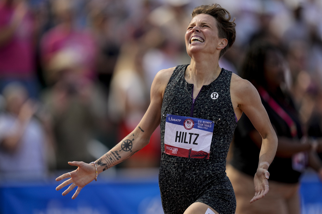 FILE - Nikki Hiltz celebrates after winning the women's 1500-meter final during the U.S. Track and Field Olympic Team Trials, on June 30, 2024, in Eugene, Ore. (AP Photo/Charlie Neibergall, File)