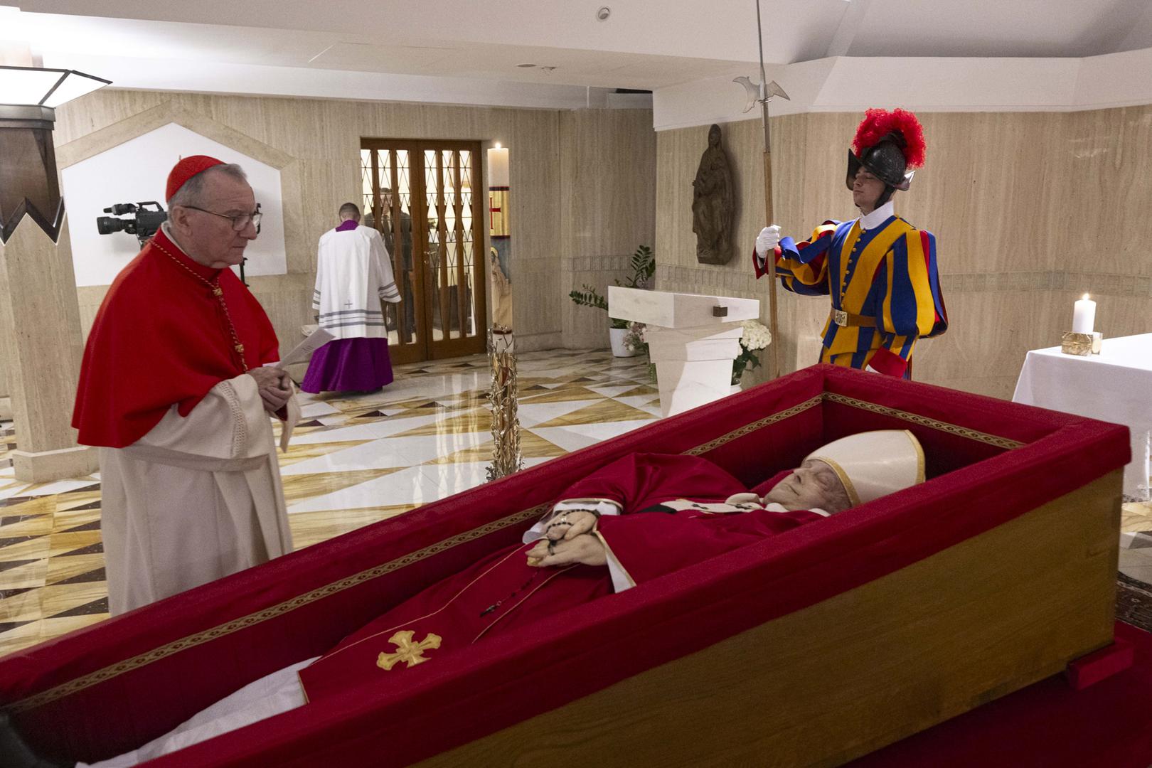 Images captured on Monday showed Pope Francis lying in the chapel of the Domus Santa Marta hotel, flanked by Swiss Guards. The footage showed of the ritual to confirm his death, presided over by the Camerlengo, Cardinal Kevin Farrell.