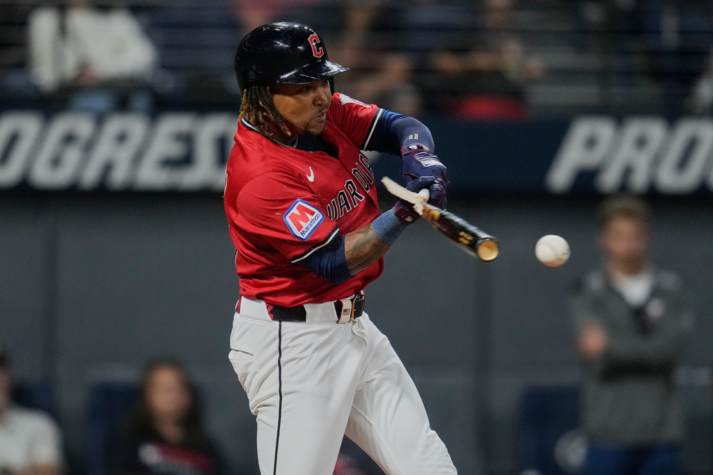 Cleveland Guardians' Jose Ramirez breaks his bat as he grounds out in the fourth inning of a baseball game against the Detroit Tigers in Cleveland, Tuesday, Sept. 23, 2025. (AP Photo/Sue Ogrocki)