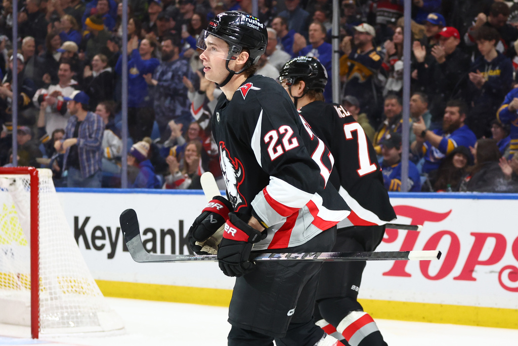 Buffalo Sabres right wing Jack Quinn (22) celebrates his goal during the first period of an NHL hockey game against the Anaheim Ducks Saturday, Jan. 10, 2026, in Buffalo, N.Y. (AP Photo/Jeffrey T. Barnes)