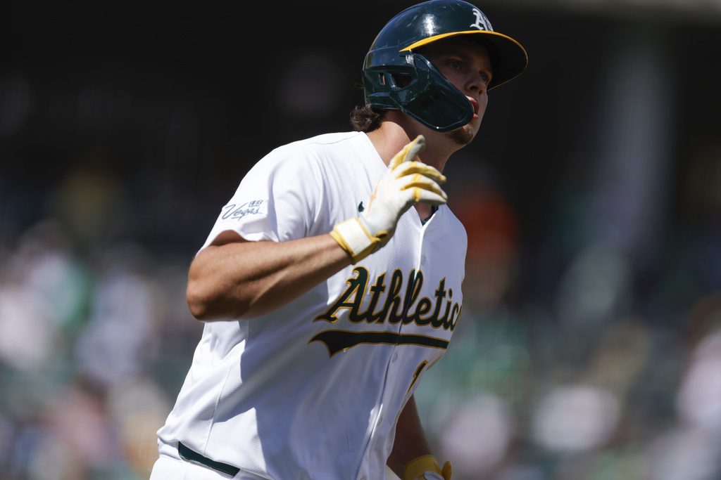 Athletics's Nick Kurtz celebrates after hitting a solo home run during the second inning of a baseball game against the Boston Red Sox, Wednesday, Sept. 10, 2025, in West Sacramento, Calif. (AP Photo/Sergio Estrada)