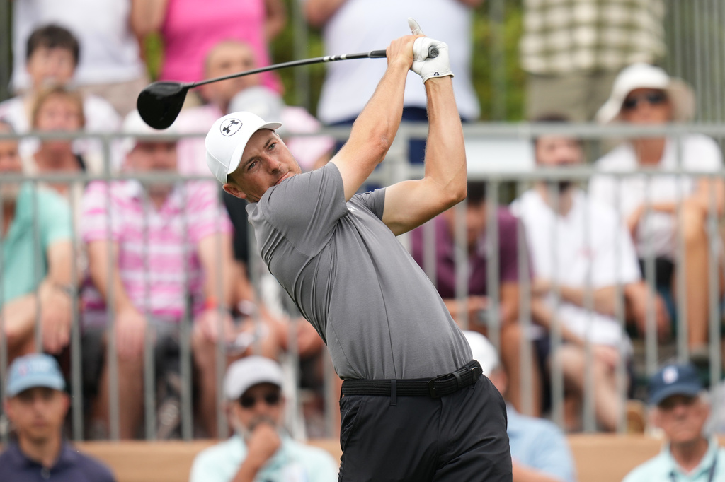 Jordan Spieth hits his drive on the first hole during the first round of the Valero Texas Open golf tournament in San Antonio, Thursday, April 2, 2026. (AP Photo/Eric Gay)