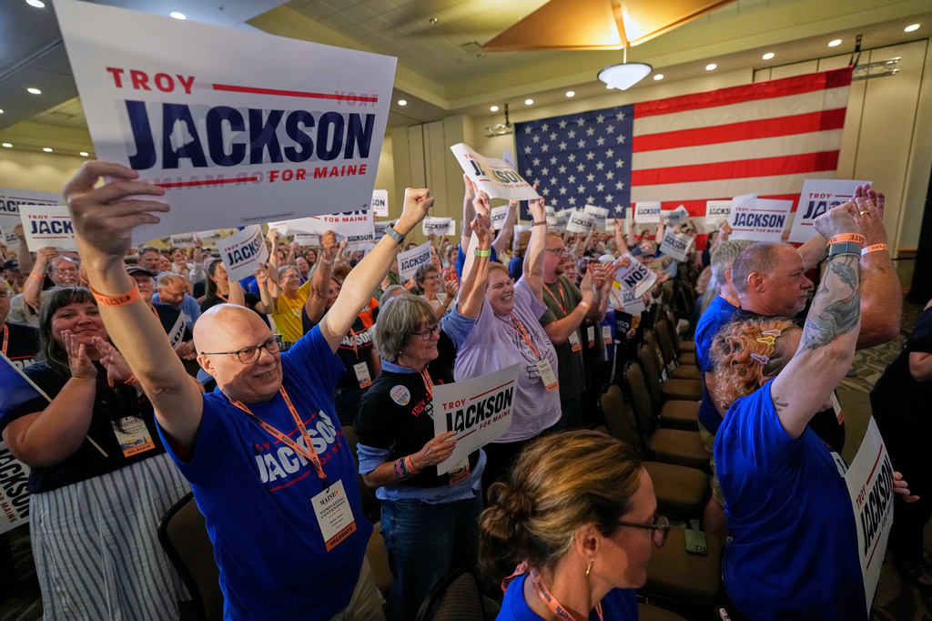 Delegates cheer for Troy Jackson, Democratic candidate for U.S. Senate, at the Maine Democratic Nominating Convention, Saturday, July 25, 2026, in Bangor, Maine. (AP Photo/Robert F. Bukaty)