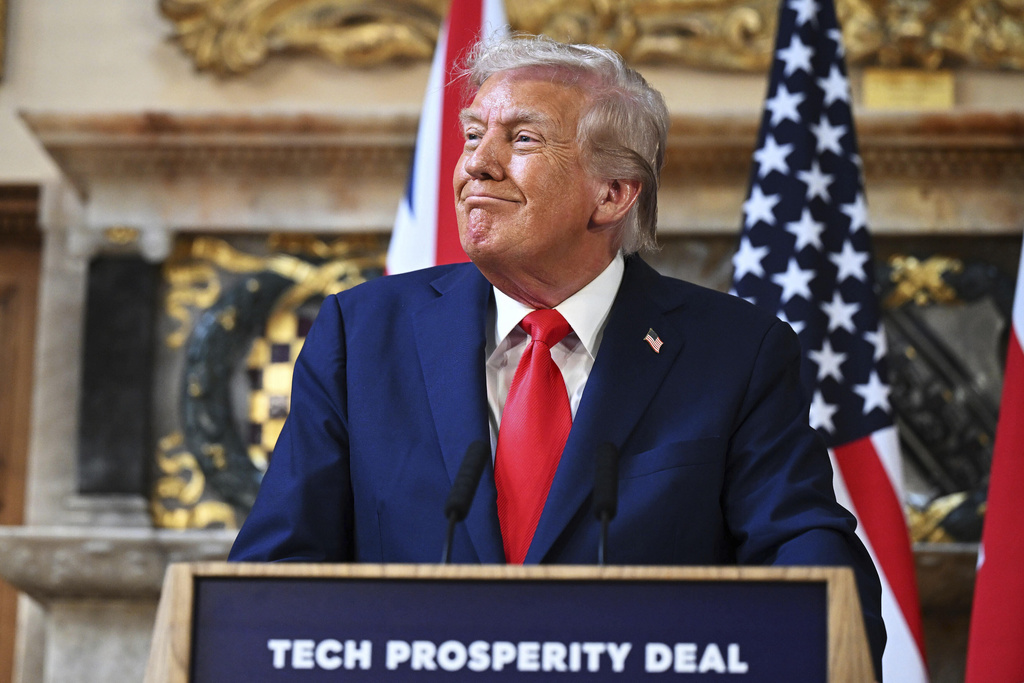 President Donald Trump attends a joint press conference with Britain's Prime Minister Keir Starmer at Chequers near Aylesbury, England, Thursday, Sept. 18, 2025. (Leon Neal, Pool via AP)