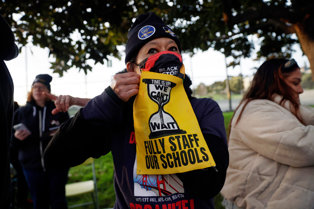 Teachers picket in front of Mission High School in San Francisco on Monday, Feb. 9, 2026. (Brontë Wittpenn/San Francisco Chronicle via AP)