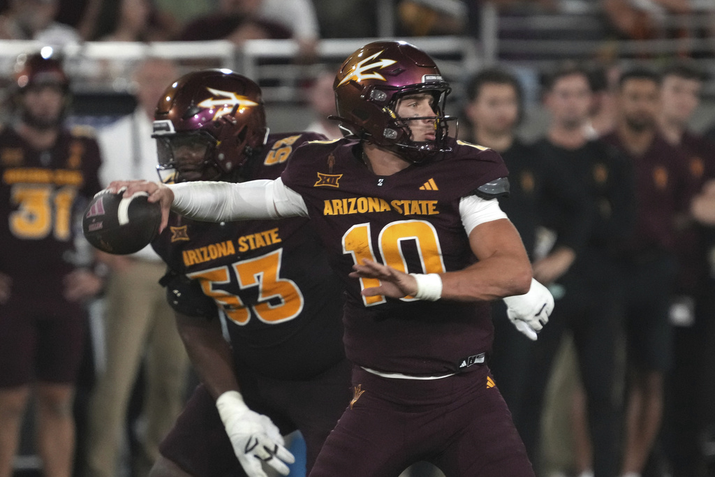 Arizona State quarterback Sam Leavitt throws downfield against Texas State in the first half of an NCAA college football game, Saturday, Sept. 13, 2025, in Tempe, Ariz. (AP Photo/Rick Scuteri)