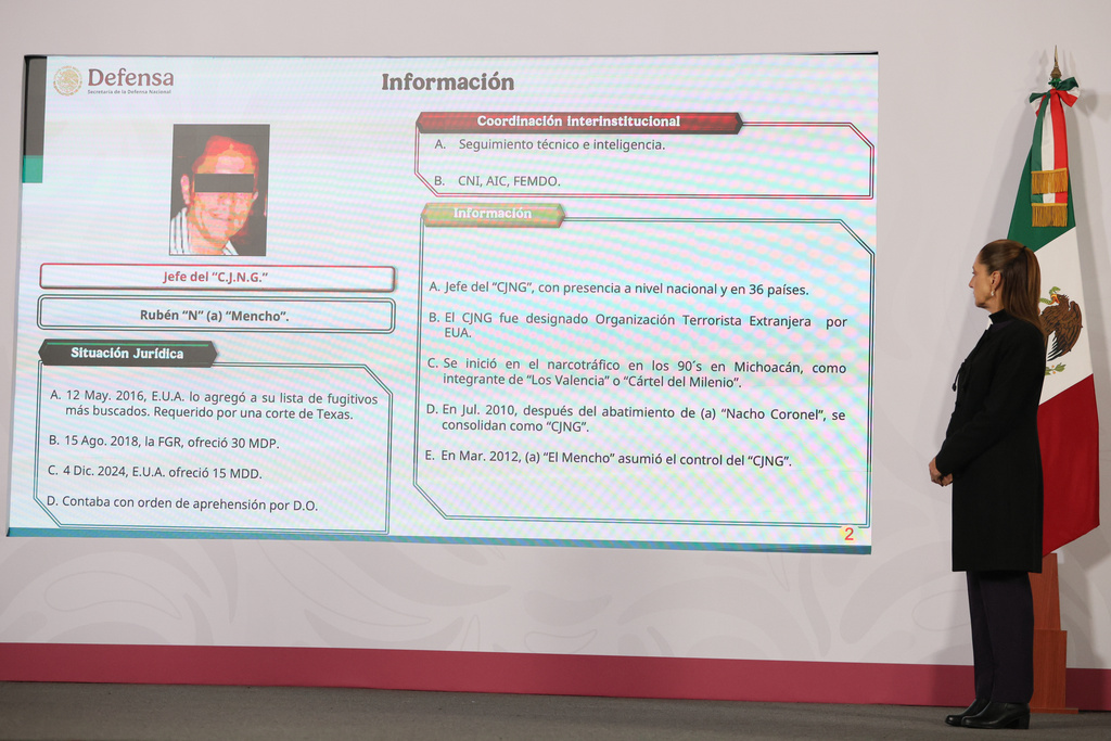 Mexican President Claudia Sheinbaum looks at a slide with information about Jalisco New Generation Cartel leader Nemesio Oseguera Cervantes, known as "El Mencho," during her the daily, morning news conference at the National Palace in Mexico City, Monday, Feb. 23, 2026, the day after the Mexican army killed the cartel leader. (AP Photo/Ginnette Riquelme)