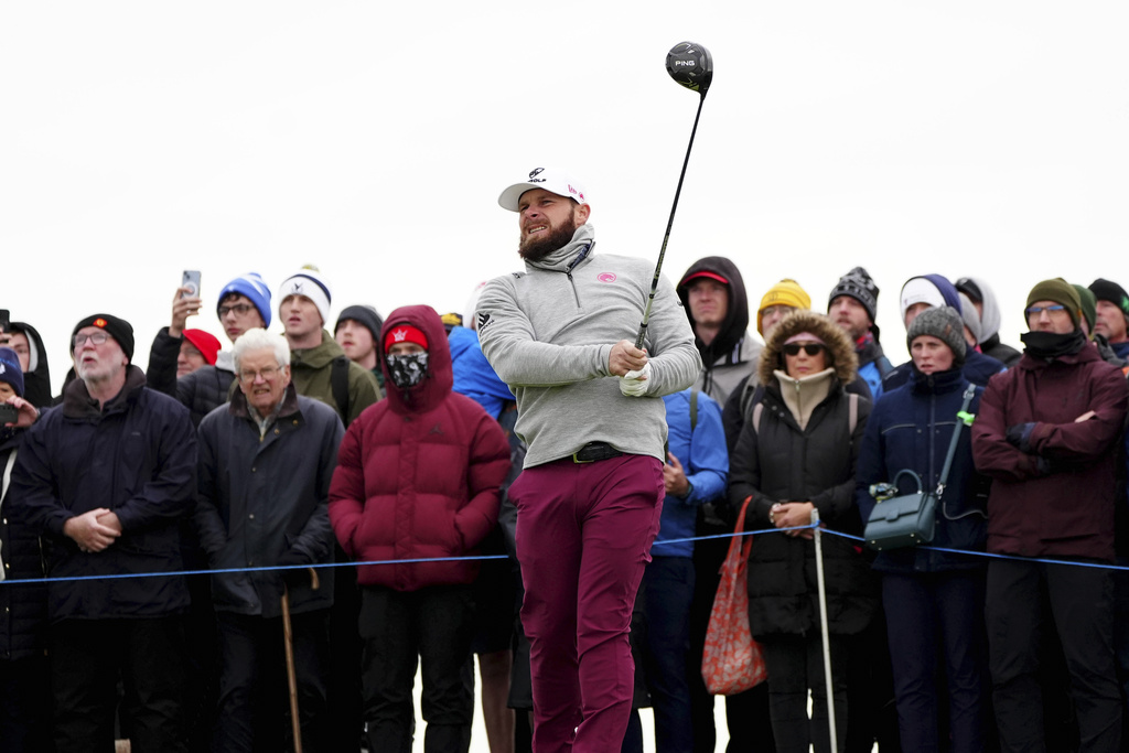 England's Tyrrell Hatton on the 7th tee during day three of the 2025 Alfred Dunhill Links Championship at the Old Course St. Andrews, Scotland, Saturday Oct. 4, 2025. (Jane Barlow/PA via AP)