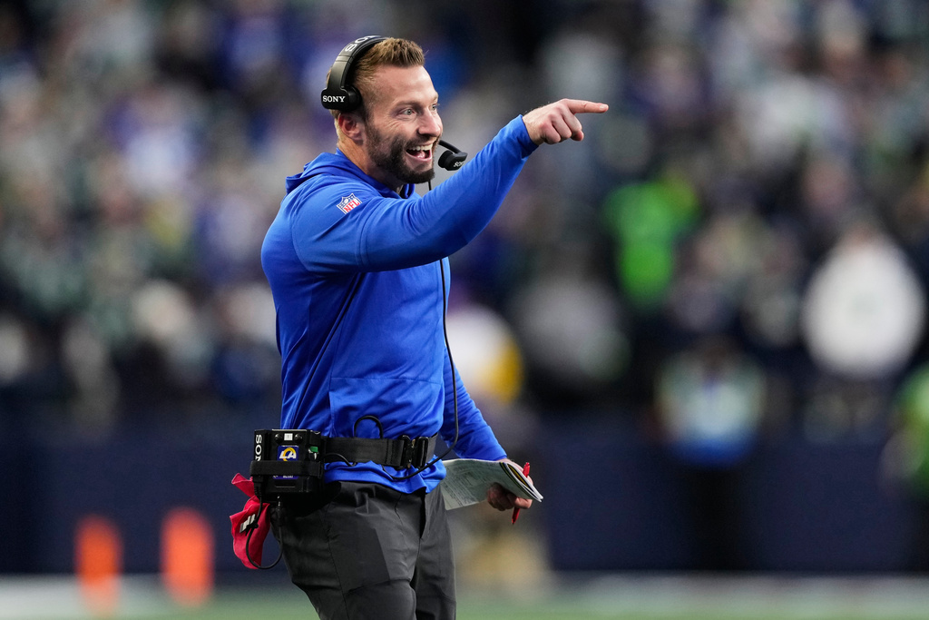 Los Angeles Rams head coach Sean McVay smiles after a touchdown by Kyren Williams during the first half of the NFC Championship NFL football game against the Seattle Seahawks, Sunday, Jan. 25, 2026, in Seattle. (AP Photo/Stephen Brashear)