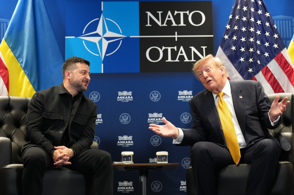 U.S. President Donald Trump meets with Ukraine's President Volodymyr Zelenskyy on the sidelines of the NATO summit in Ankara, Turkey, Wednesday, July 8, 2026. (AP Photo/Alex Brandon)