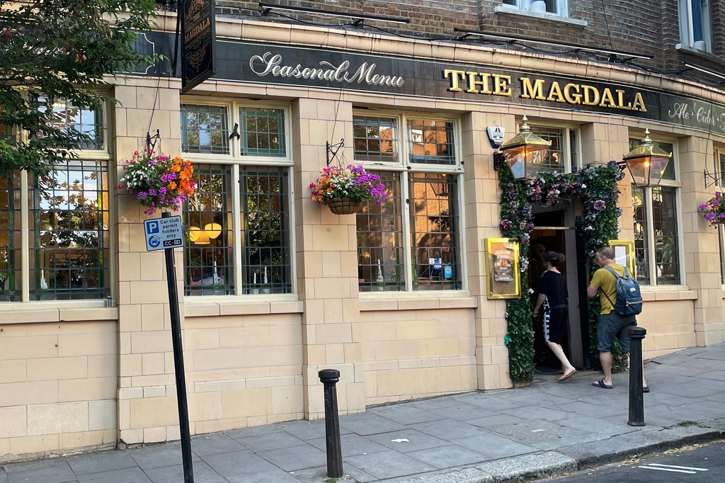 The Magdala pub, where Ruth Ellis, the last woman in Britain to be executed, gunned down her lover in 1955, is seen Wednesday, July 8, 2026, in London. (AP Photo/Brian Melley)
