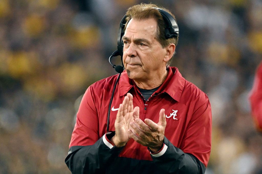 FILE - Alabama head coach Nick Saban reacts after running back Jase McClellan (2) scored a touchdown during the second half of the Rose Bowl CFP NCAA semifinal college football game against Michigan, Jan. 1, 2024, in Pasadena, Calif. (AP Photo/Kyusung Gong, File)