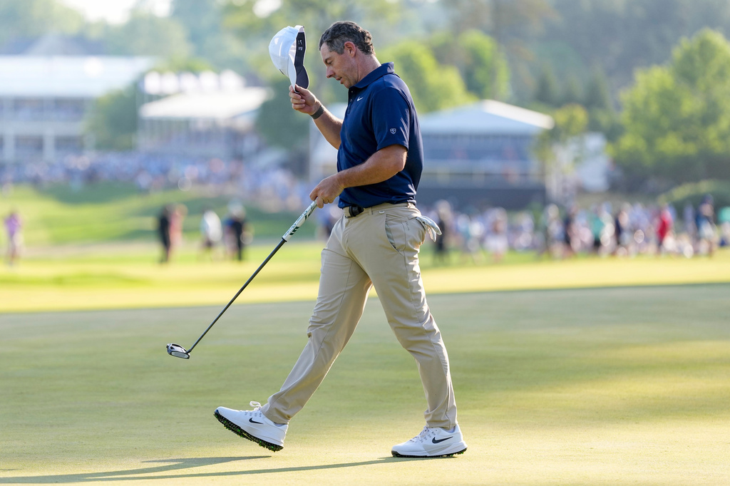 Rory McIlroy, of Northern Ireland, tips his cap after his round during the final round of the PGA Championship golf tournament at Aronimink Golf Club, Sunday, May 17, 2026, in Newtown Square, PA. (AP Photo/Matt Slocum)