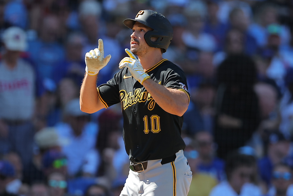 Pittsburgh Pirates' Bryan Reynolds celebrates his home run during the sixth inning of a baseball game against the Chicago Cubs, Friday, Sept. 11, 2026, in Chicago. (AP Photo/Melissa Tamez)