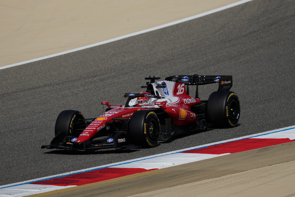 Ferrari driver Charles Leclerc of Monaco steers his car during a Formula One pre-season test at the Bahrain International Circuit in Sakhir, Bahrain, Thursday, Feb. 12, 2026. (AP Photo/Altaf Qadri)