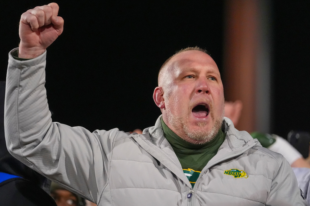 FILE - North Dakota State head coach Tim Polasek reacts following the FCS Championship NCAA college football game against Montana State, Jan. 6, 2025, in Frisco, Texas. (AP Photo/Julio Cortez, File)