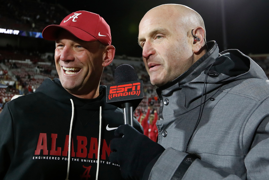 Alabama head coach Kalen Deboer speaks to a reporter after the first round of an NCAA College Football Playoff against Oklahoma, Friday, Dec. 19, 2025, in Norman, Okla. (AP Photo/Alonzo Adams)
