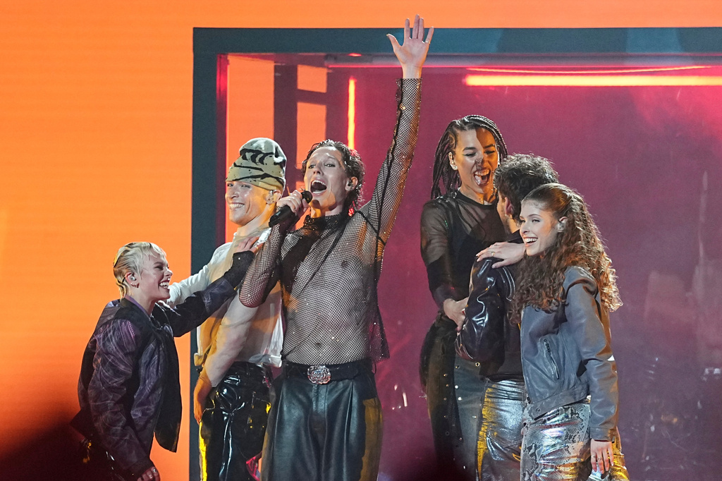 Soren Torpegaard Lund from Denmark performs the song "For Vi Gar Hjem" during the second semifinal of the 70th Eurovision Song Contest in Vienna, Austria, Thursday, May 14, 2026. (AP Photo/Martin Meissner)