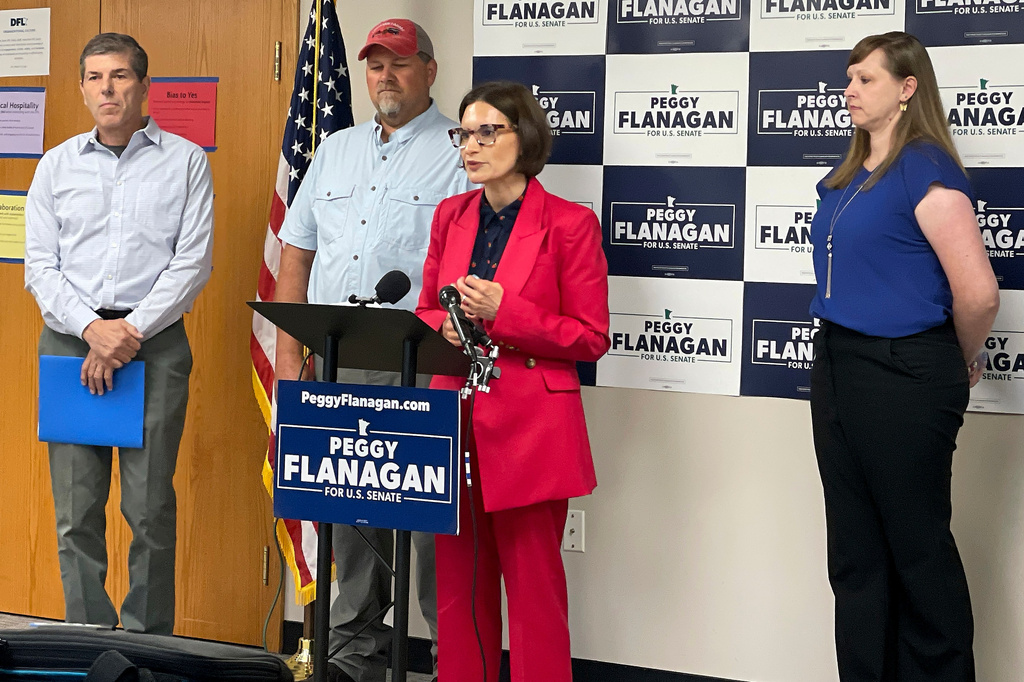 Minnesota Lt. Gov. Peggy Flanagan speaks during a press conference with political allies in St. Paul, Minn., Wednesday, July 8, 2026. (AP Photo/Matthew Brown)