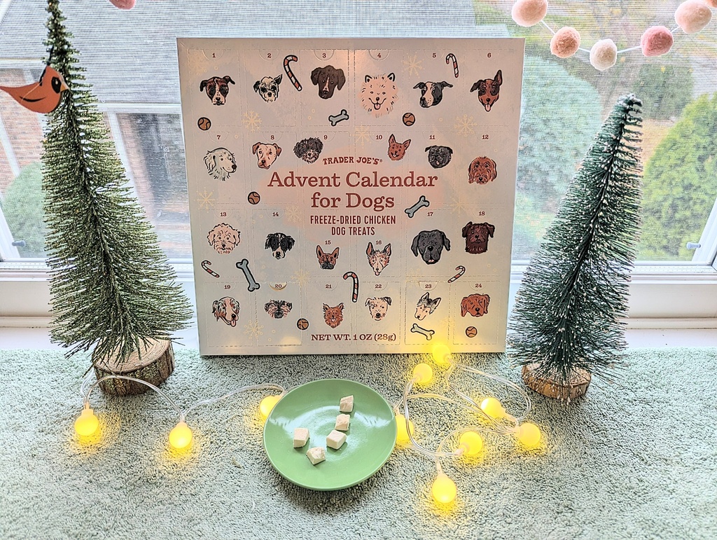 This image shows Trader Joe's Advent Calendar for Dogs, offering freeze dried chicken dog treats. (Kim Cooke via AP)