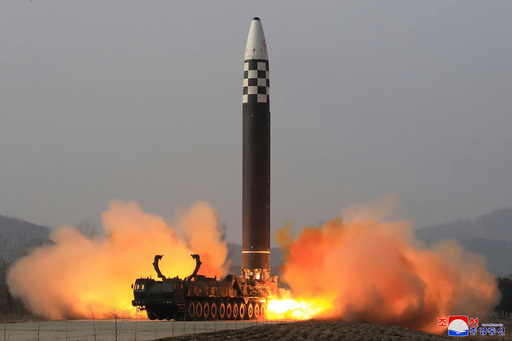 FILE - This photo distributed by the North Korean government shows what it says is a test-fire of a Hwasong-17 intercontinental ballistic missile (ICBM), at an undisclosed location in North Korea on March 24, 2022. Independent journalists were not given access to cover the event depicted in this image distributed by the North Korean government. The content of this image is as provided and cannot be independently verified. Korean language watermark on image as provided by source reads: "KCNA" which is the abbreviation for Korean Central News Agency. (Korean Central News Agency/Korea News Service via AP, File) FILE - This photo distributed by the North Korean government shows what it says is a test-fire of a Hwasong-17 intercontinental ballistic missile (ICBM), at an undisclosed location in North Korea on March 24, 2022. Independent journalists were not given access to cover the event depicted in this image distributed by the North Korean government. The content of this image is as provided and cannot be independently verified. Korean language watermark on image as provided by source reads: "KCNA" which is the abbreviation for Korean Central News Agency. (Korean Central News Agency/Korea News Service via AP, File)